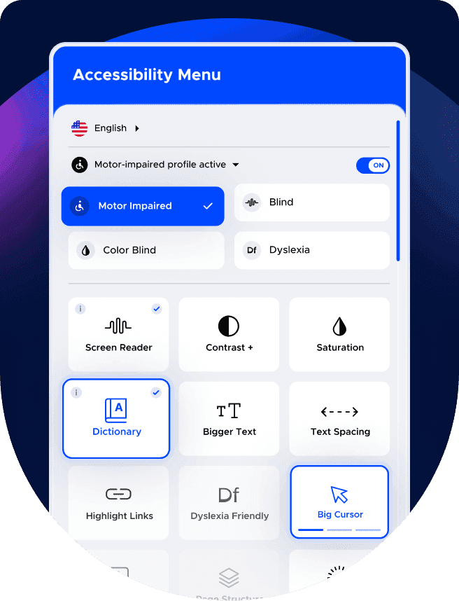 Accessibility menu showing the various functions of UserWay's Accessibility Widget. Functions include 'Dictionary', 'Bigger Text', Text Spacing', 'Dyslexia Friendly' for fonts etc. There are also options presented in buttons where users can select specific disabilities.