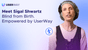 A woman with a headscarf and a purple dress appears beside text that reads "Meet Sigal Shwartz Blind from Birth. Empowered by UserWay," with the UserWay logo and an accessibility icon on a blue background.