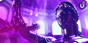 Purple and pink image of Lady Justice holding the Scales of Justice