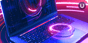 A blue and purple laptop with a glowing ring floating above the keyboard reflected in the screen