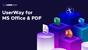 A graphic showcasing "UserWay for MS Office & PDF," with icons representing Microsoft Office applications (Excel, Word, PowerPoint) and a PDF document on pedestals, alongside the UserWay logo.