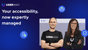 A promotional image featuring a bald man in a black t-shirt and a woman with long brown hair in a black blazer, both smiling and standing against a blue background. There are logos and a tagline 'Your accessibility, now expertly managed' with the 'USERWAY' logo and icons representing accessibility features.