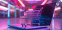A miniature shopping cart stands on the keyboard and trackpad of a laptop with pink and purple lights from storefronts in the background