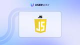 The UserWay banner and logo float on a light blue background above the JavaScript logo in yellow