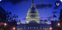 The Capitol Building in Washington, D.C. lit up in front of a dark blue and light purple sky