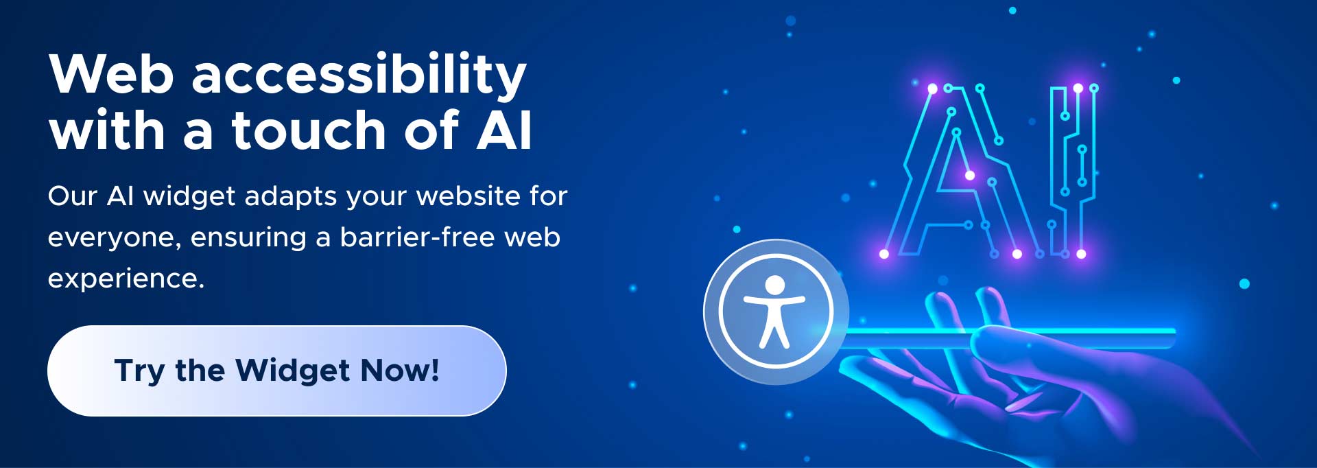 Banner: AI for web access, neon AI & hand symbols, CTA button