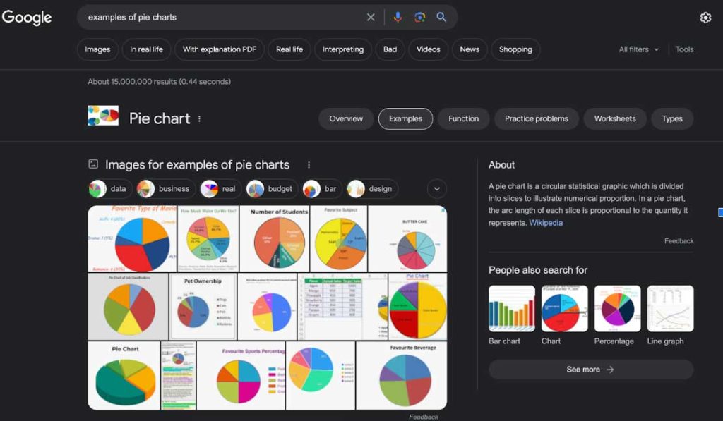 Google Screen - Examples of pie charts