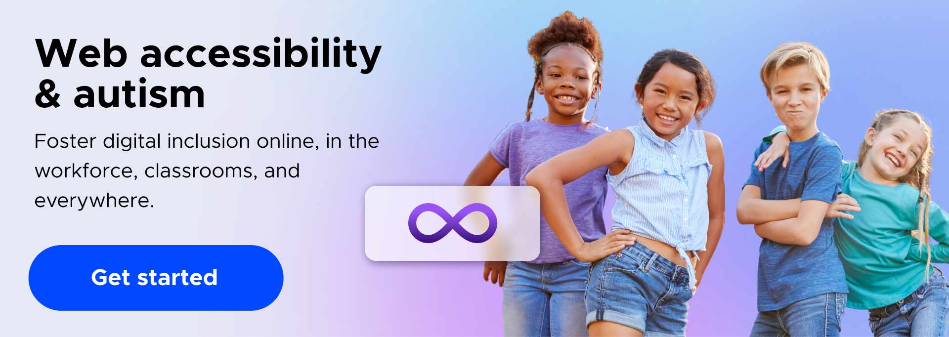 Four smiling children, text "Web accessibility & autism," and a "Get started" button, with a gradient background 
