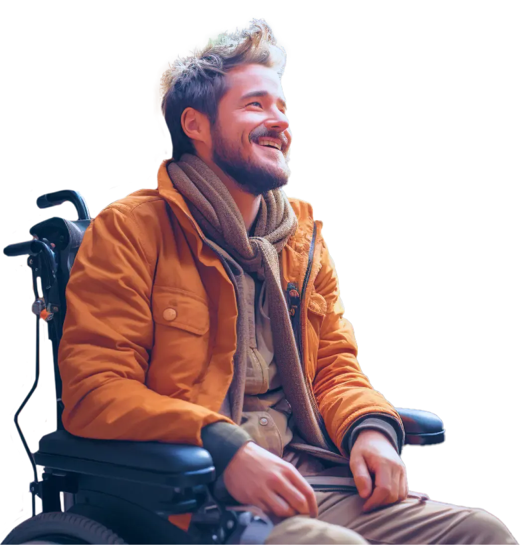 Ein Mann sitzt in einem motorisierten Rollstuhl