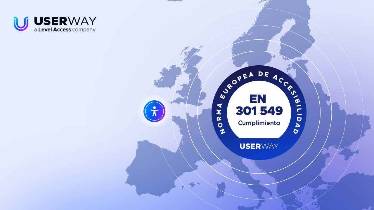 Map of Europe highlighting EN 301 549 Accessibility Compliance by UserWay, European standards badge