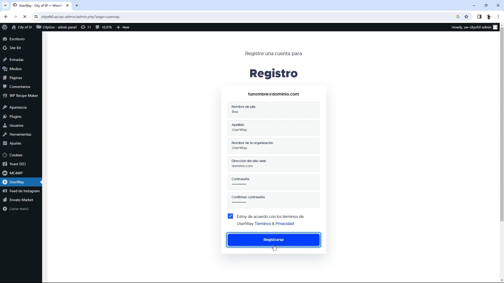 Segundo paso, completar el registro y hacer click en registrarse