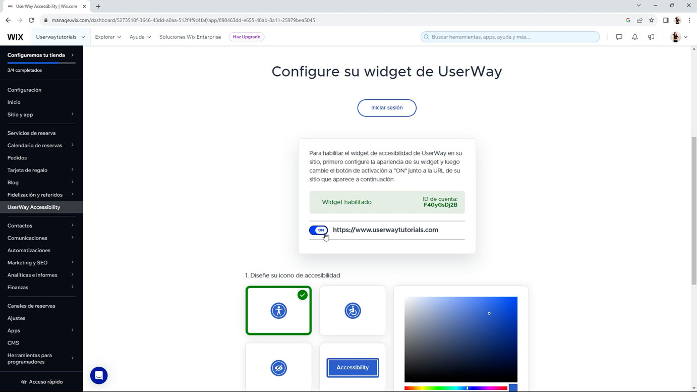 Segundo paso, active la aplicación de UserWay y modifique su icono 