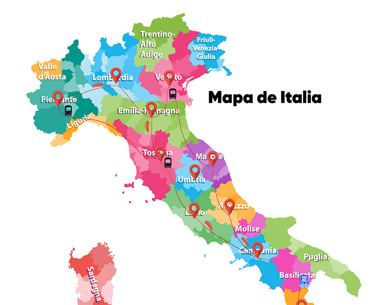 Mapa colorido de Italia con nombres de regiones y puntos de referencia destacados, y el título "Mapa de Italia" en la parte superior derecha