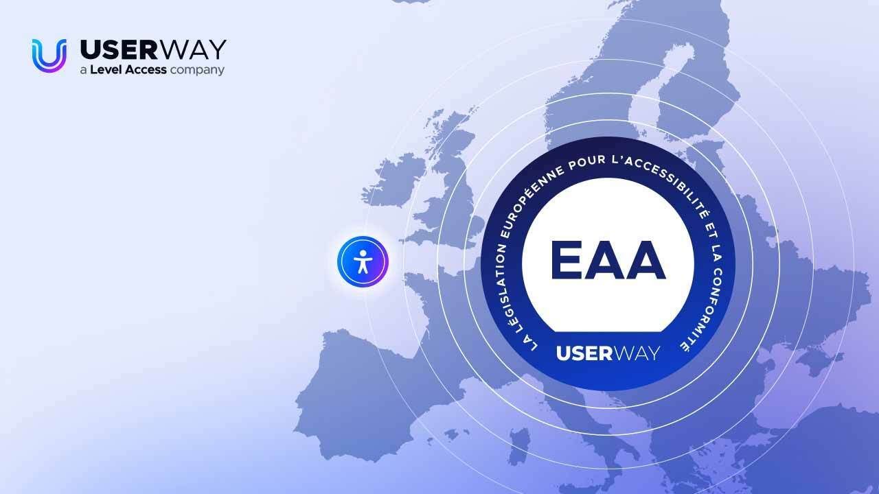 Carte de l'Europe avec logo UserWay et texte sur la législation européenne EAA