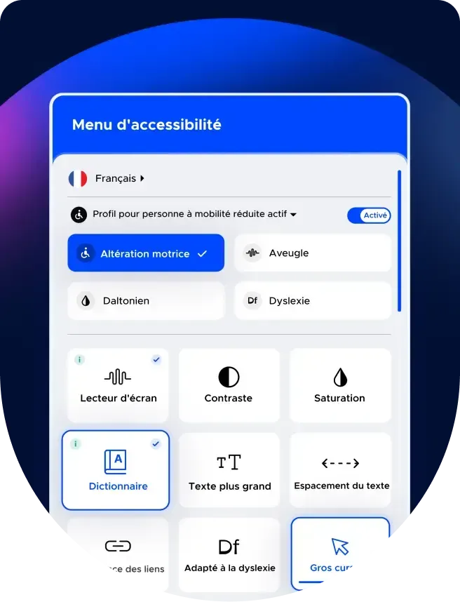 Menu d'accessibilité en français. Les options d'accessibilité disponibles incluent