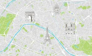mapa de Paris marcando vários pontos de referência e vendedores, incluindo o Arco do Triunfo e a Torre Eiffel.