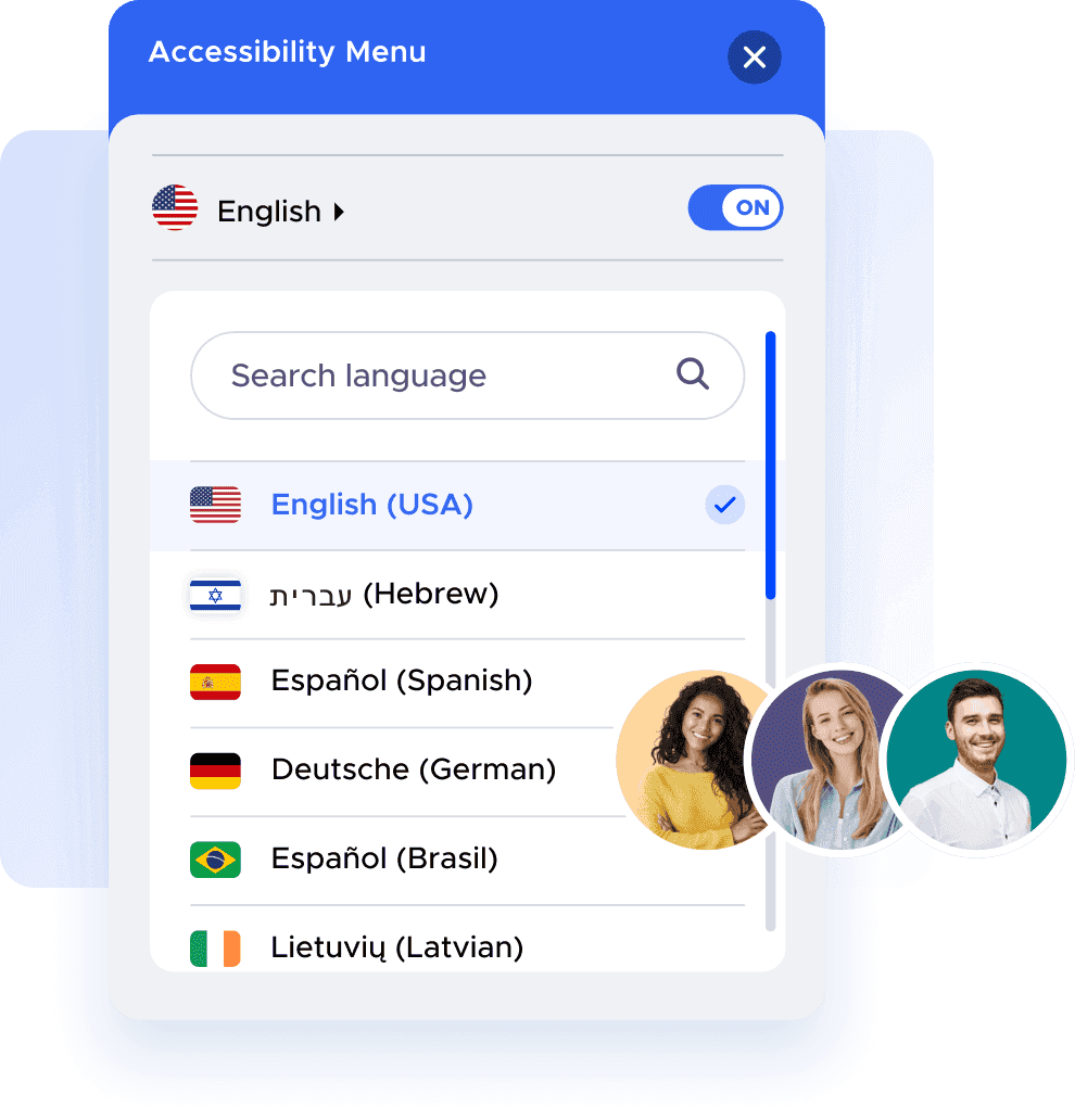 UserWay`s Accessibility Widget with opened language selector dropdown and three rounded photos of users