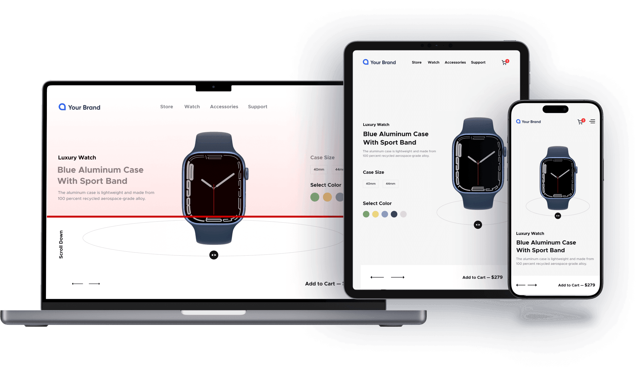 Watch retail website displayed on different screen sizes and devices