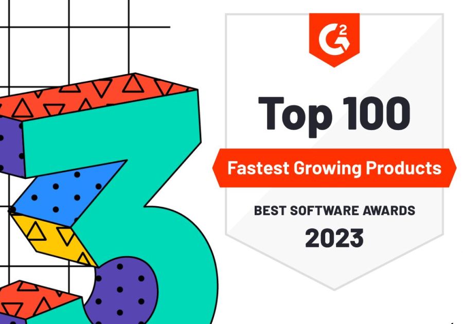 Illustration of a G2 badge for UserWay, highlighting that UserWay has been recognized as one of the top 100 fastest-growing products of 2023.