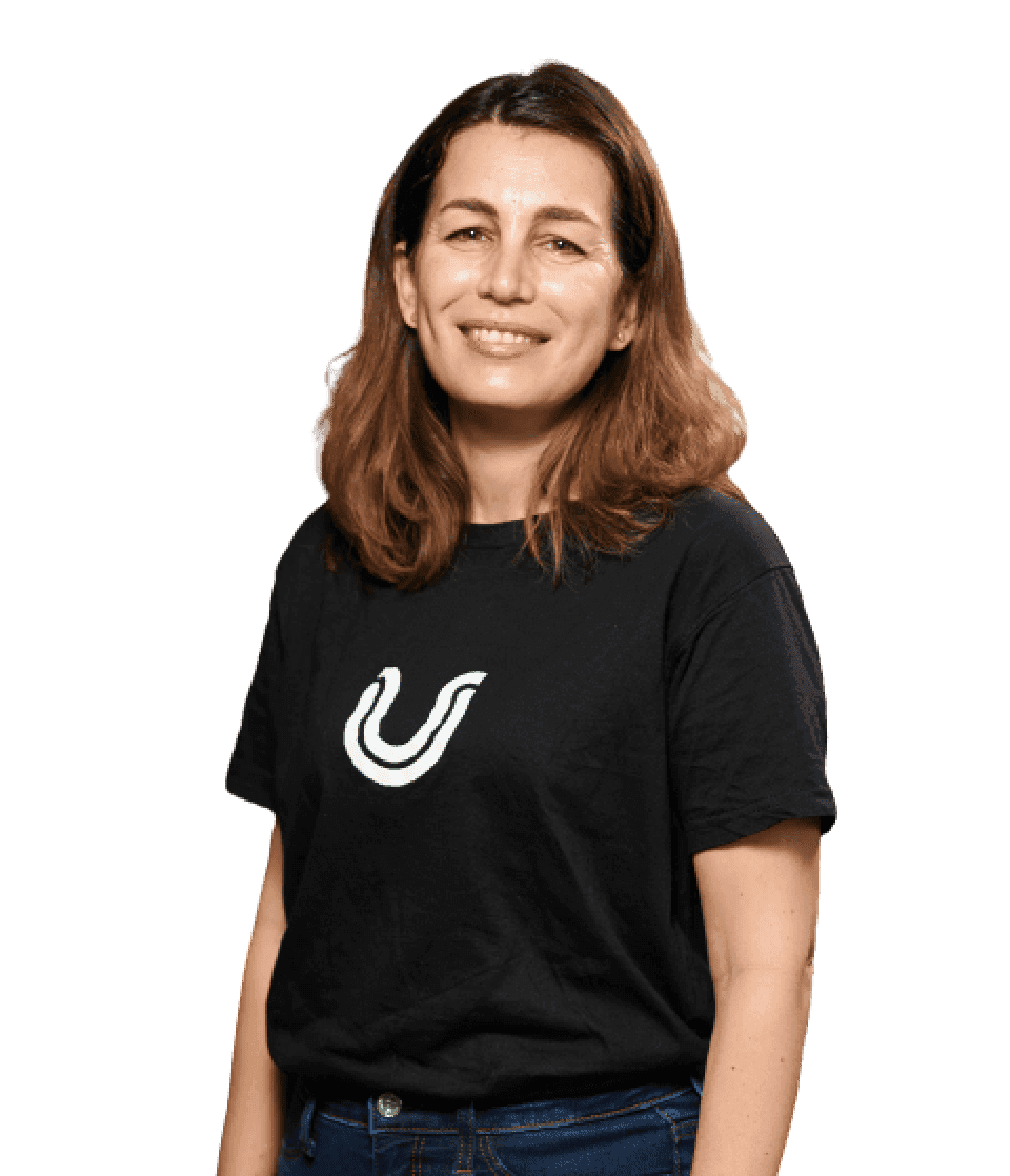Portrait image of Dana Shild, UserWay's VP of Human Resources, wearing a black shirt adorned with the 'U' symbol from the UserWay logo.