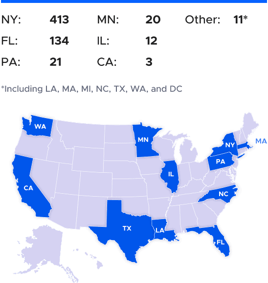 A map of the United States, with Washington, California, Minnesota, Illinois, Texas, Louisiana, Florida, Massachussets, New York, Pennsylvania, and North Carolina highlighted