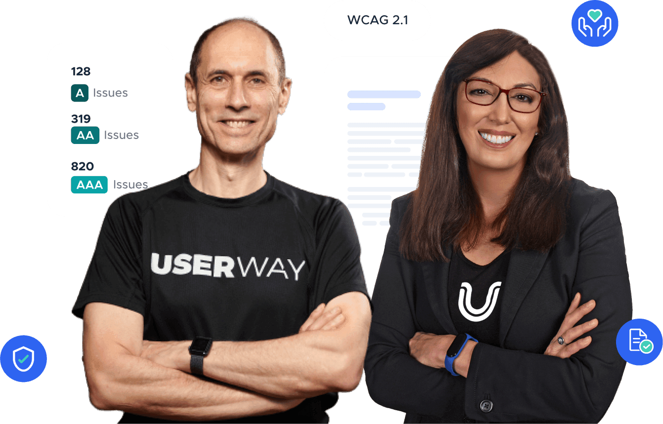 Lionel Wolberger (UserWay COO) and Shira Grossman (UserWay Head of Legal Affairs and Innovation) are pictured with accessibility metrics in the background