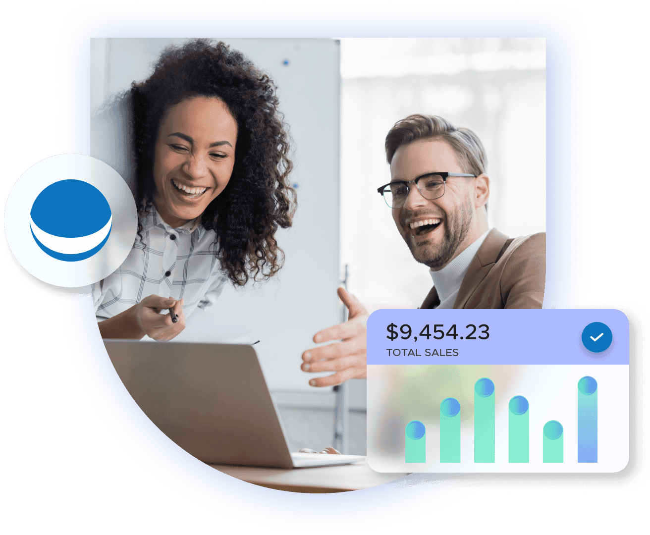 Colleagues smiling and pointing at a laptop; chart showing total sales