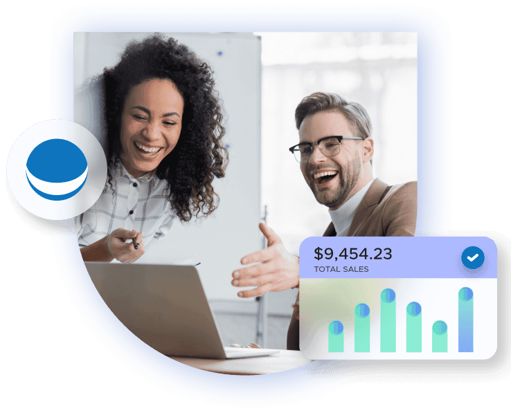 Colleagues smiling and pointing at a laptop; chart showing total sales