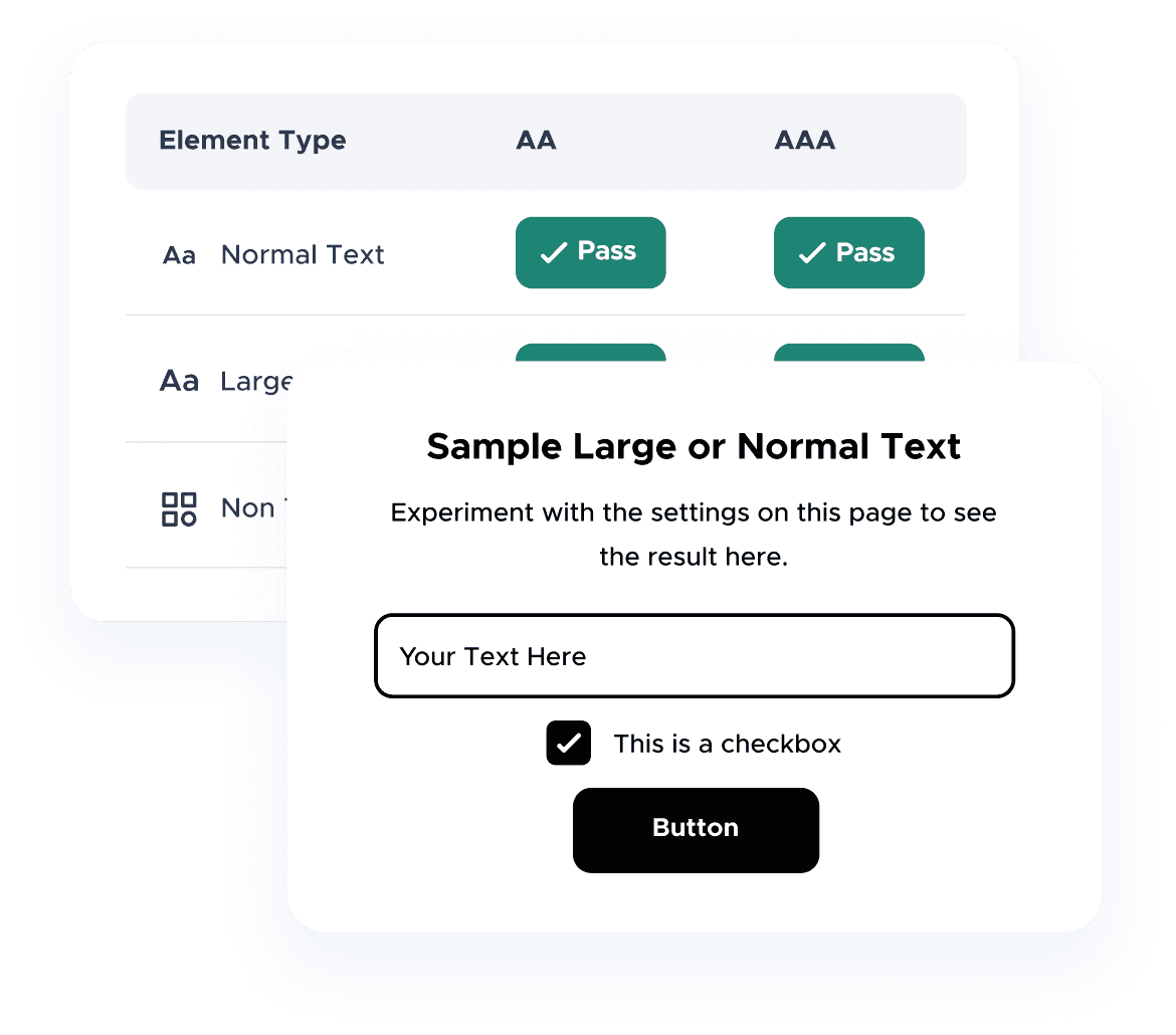 Color contrast checker with text input box and color contrast compliance results