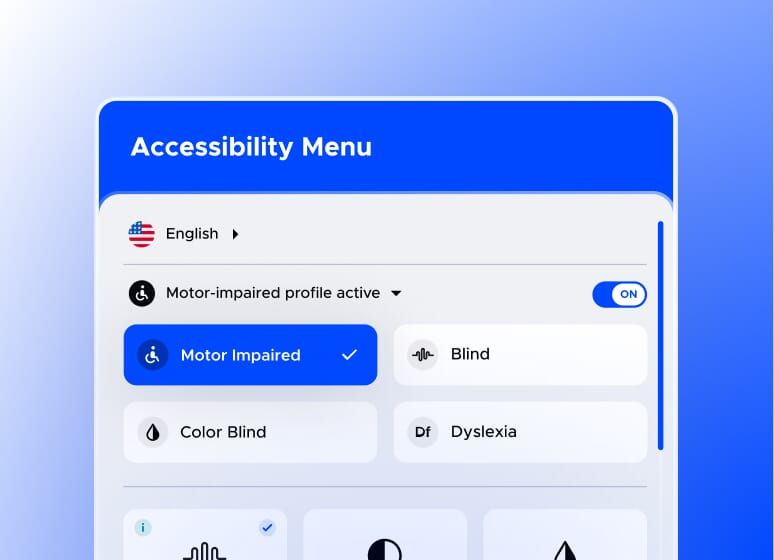 Accessibility Menu interface showing language selection set to English and a motor-impaired profile turned on.