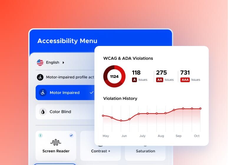 Interface showing an Accessibility Menu with options like language selection and Motor Impaired mode.