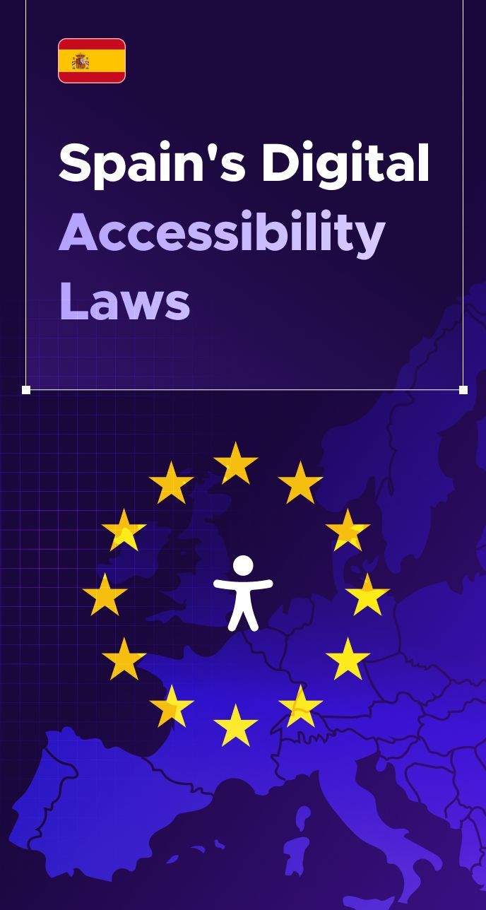 Spain's Digital Accessibility Laws, next to the 12 stars of the EU flag surrounding an icon of a person symbolizing accessibility. A map of Spain is visible in the background, and the Spanish flag sits in the top right corner.