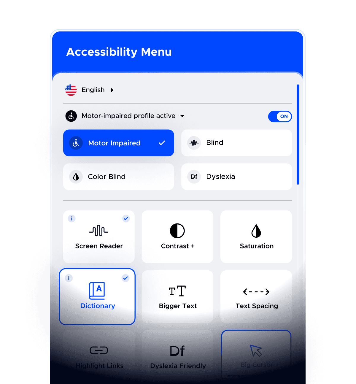 The UserWay AI-powered accessibility widget with the Motor Impaired profile and Dictionary feature highlighted