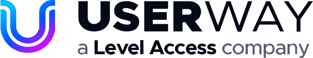 A rectangular card with a white background displays the UserWay logo, consisting of a stylized 'U' with a blue to purple gradient, next to the word 'USERWAY' in bold, black text