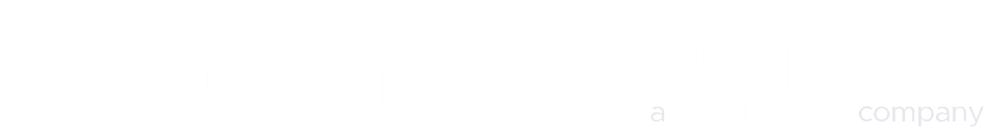 Example of a co-branded logo with 'Your Logo' on the left and 'Powered by UserWay, a Level Access company' on the right, separated by a vertical line, displayed on a dark background.