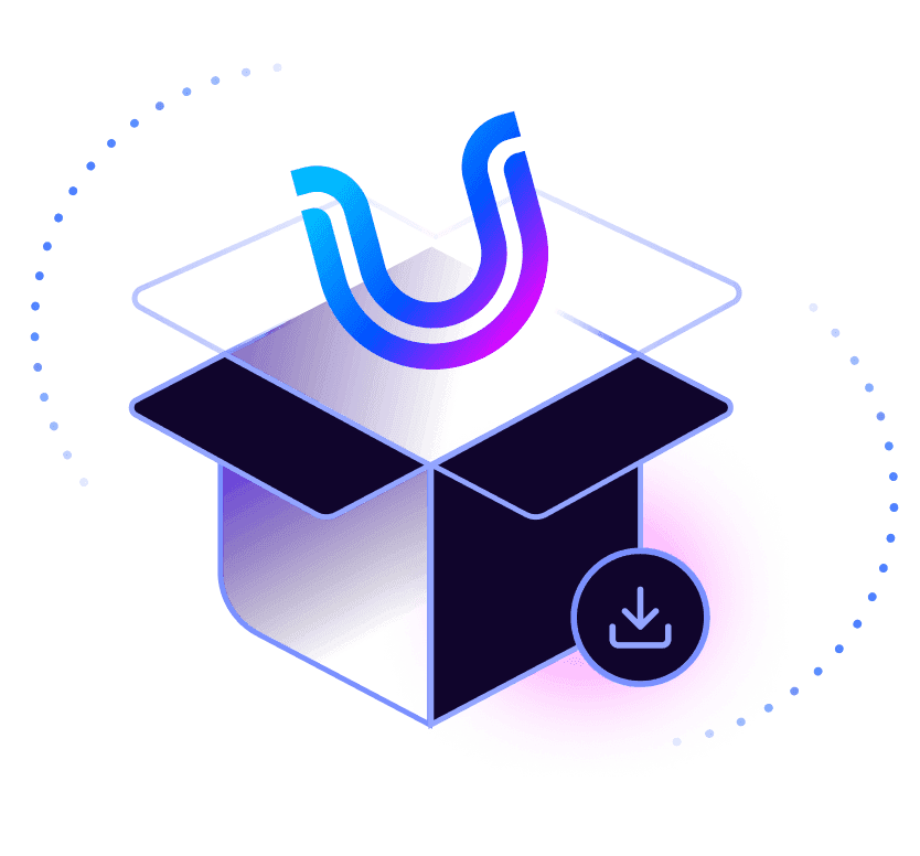 An illustration of an open, box with the UserWay logo's gradient 'U' floating above it. A download arrow is visible on the cap's top, surrounded by dotted circular lines, against a dark blue background.